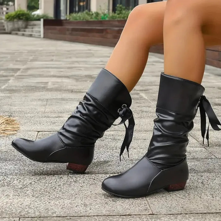 Ruby | Leather Knee High Boots with Ruched Shaft and Bow Tie Detail