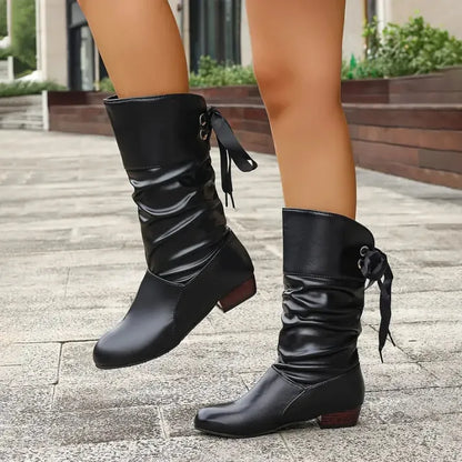 Ruby | Leather Knee High Boots with Ruched Shaft and Bow Tie Detail