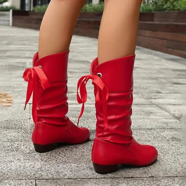 Ruby | Leather Knee High Boots with Ruched Shaft and Bow Tie Detail