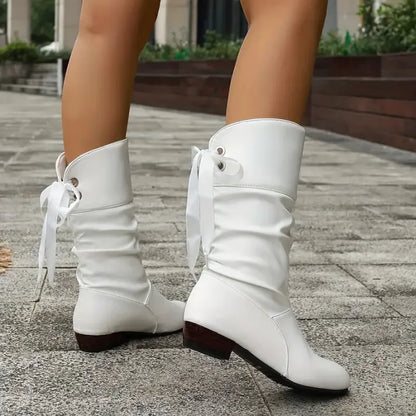 Ruby | Leather Knee High Boots with Ruched Shaft and Bow Tie Detail