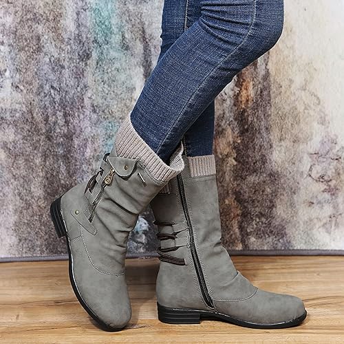 Evie | Leather Mid Calf Boots with Zip and Lace Detail