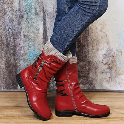 Evie | Leather Mid Calf Boots with Zip and Lace Detail