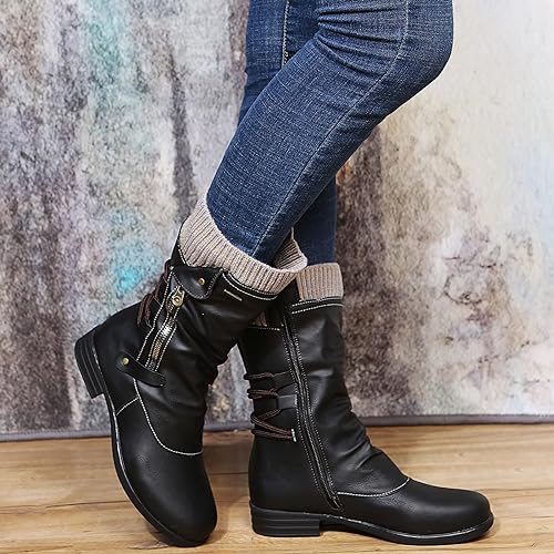 Evie | Leather Mid Calf Boots with Zip and Lace Detail