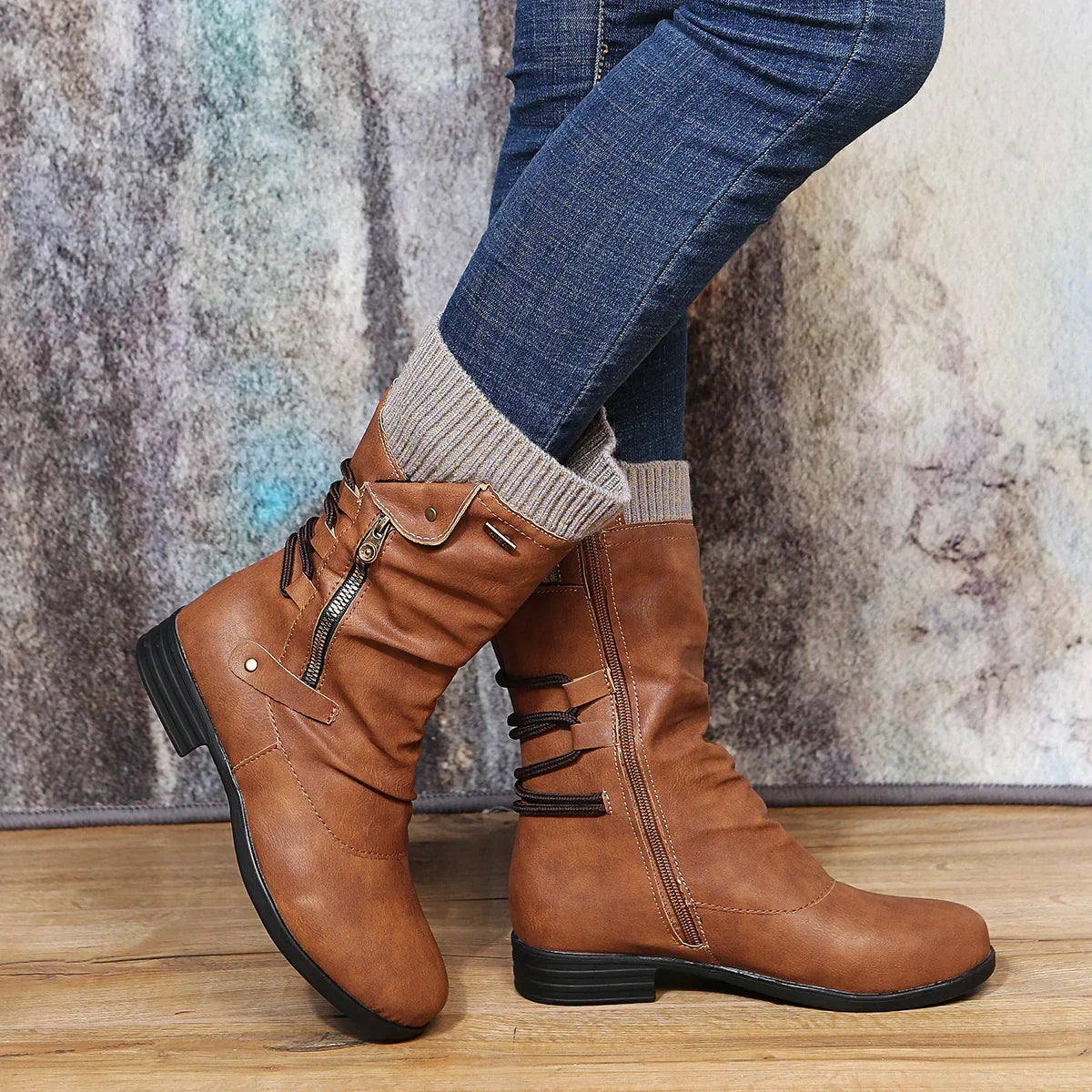 Evie | Leather Mid Calf Boots with Zip and Lace Detail