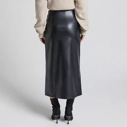 Kaye | Faux Leather Straight Midi Skirt with Front Split