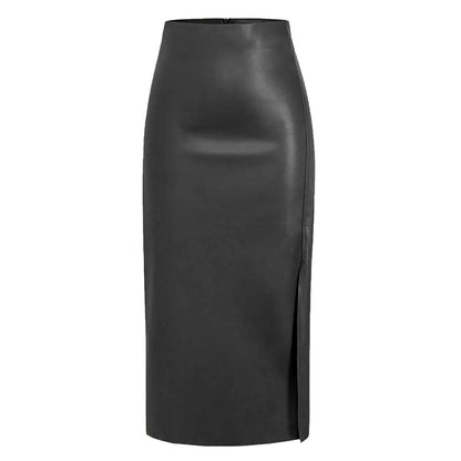 Kaye | Faux Leather Straight Midi Skirt with Front Split