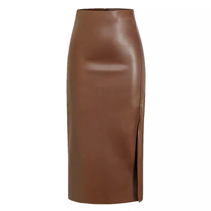Kaye | Faux Leather Straight Midi Skirt with Front Split