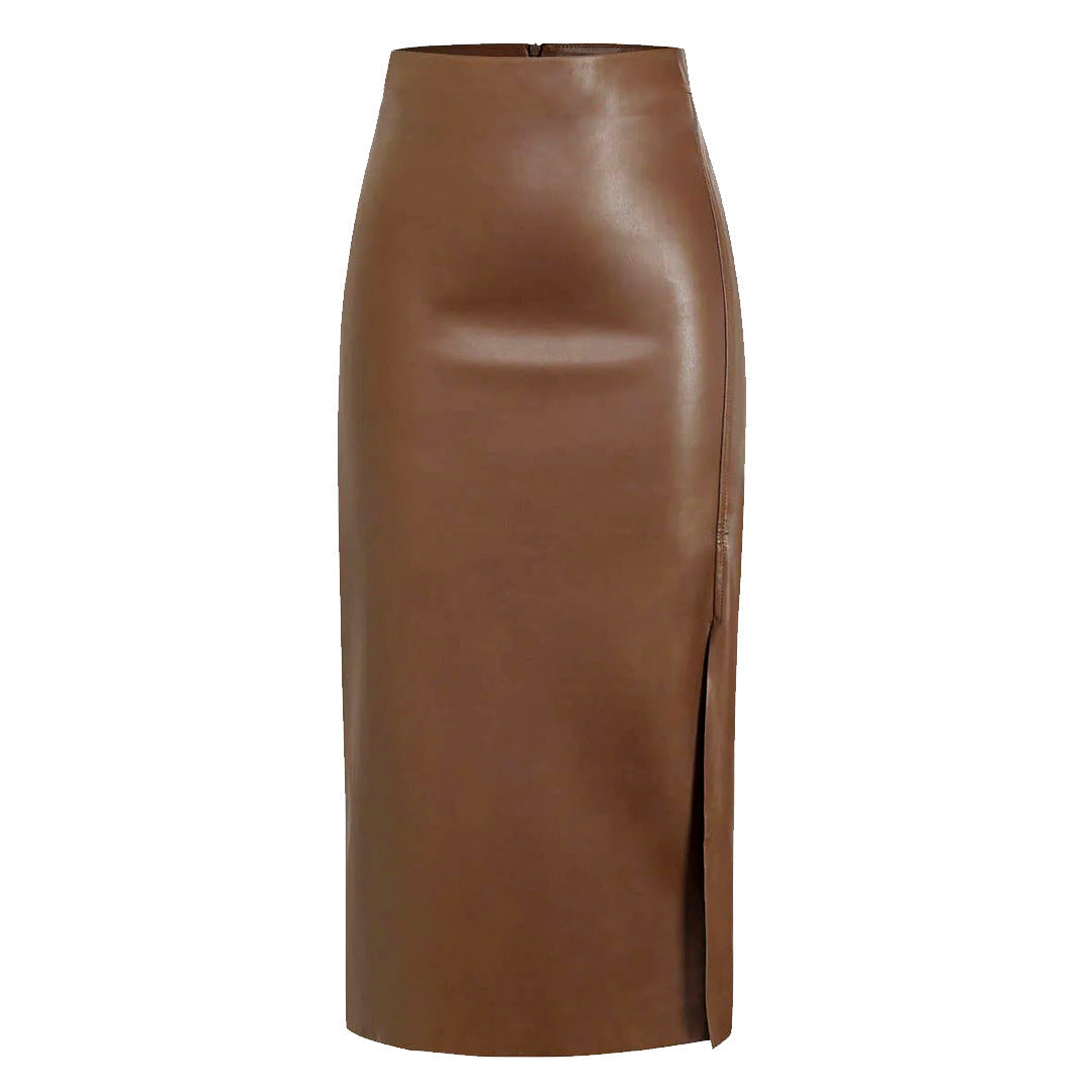 Kaye | Faux Leather Straight Midi Skirt with Front Split