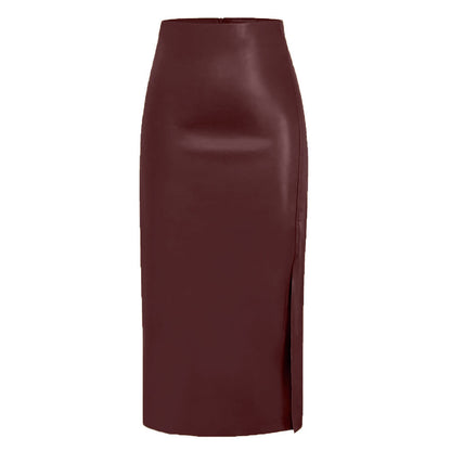 Kaye | Faux Leather Straight Midi Skirt with Front Split