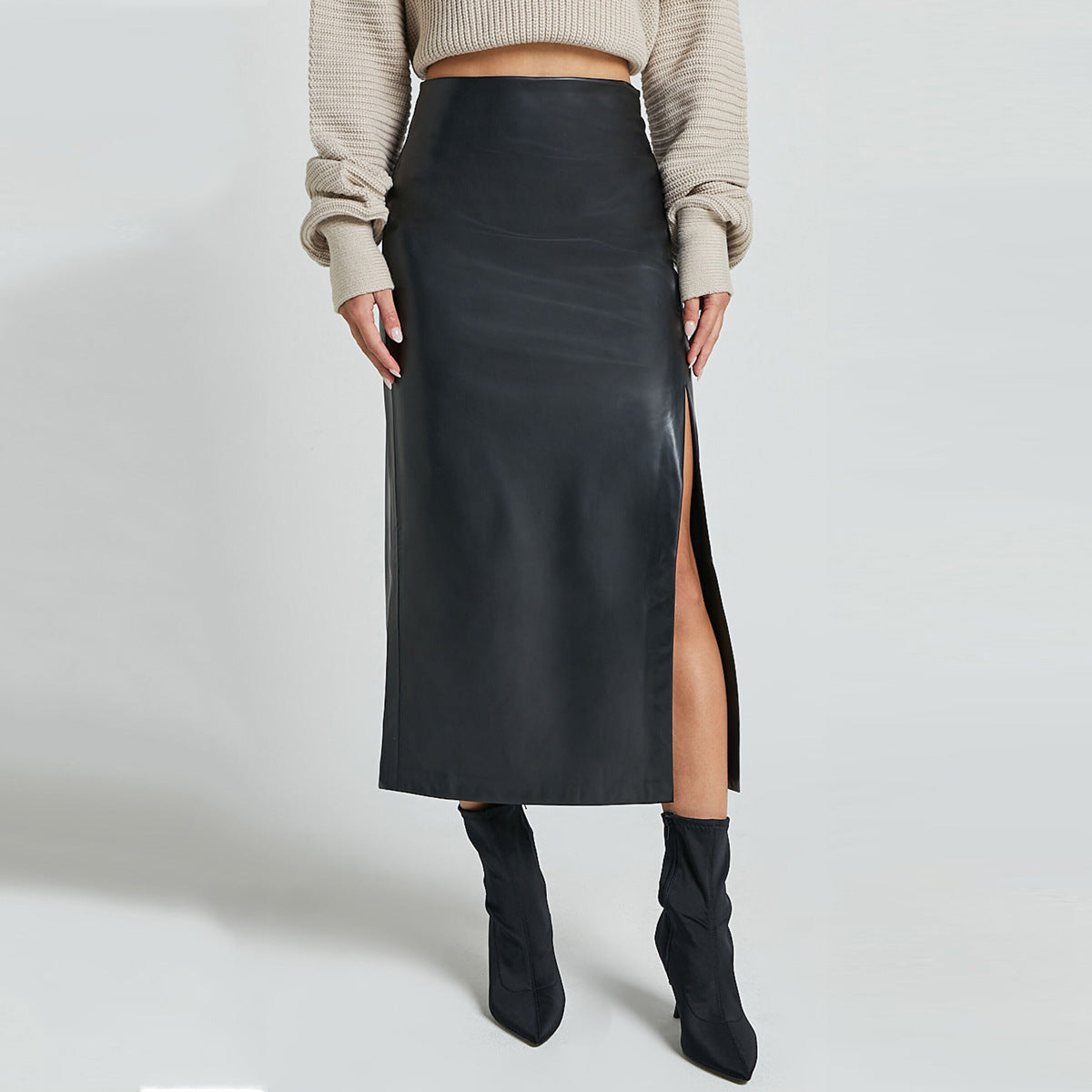 Kaye | Faux Leather Straight Midi Skirt with Front Split