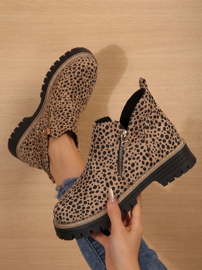 Wanda | Leopard Print Flat Ankle Boots with Chunky Sole
