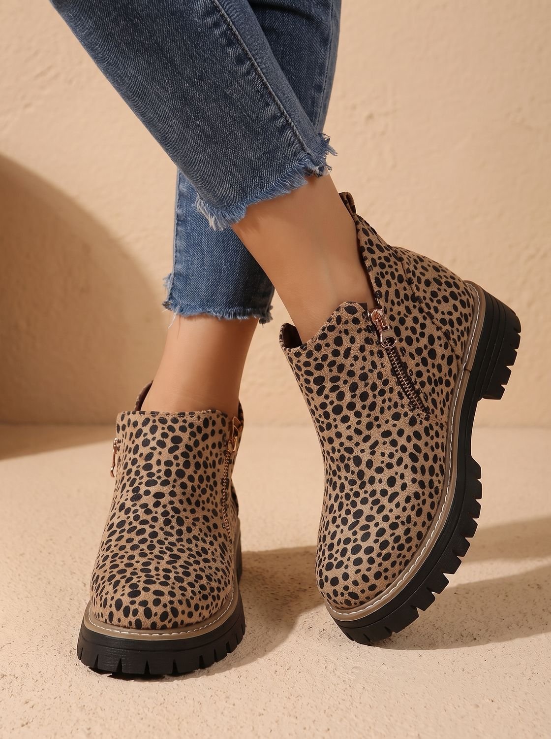 Wanda | Leopard Print Flat Ankle Boots with Chunky Sole