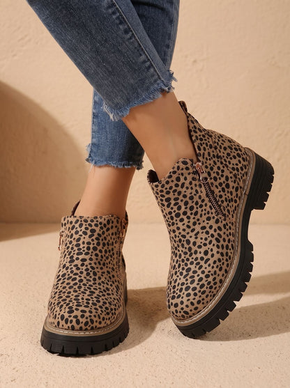 Wanda | Leopard Print Flat Ankle Boots with Chunky Sole