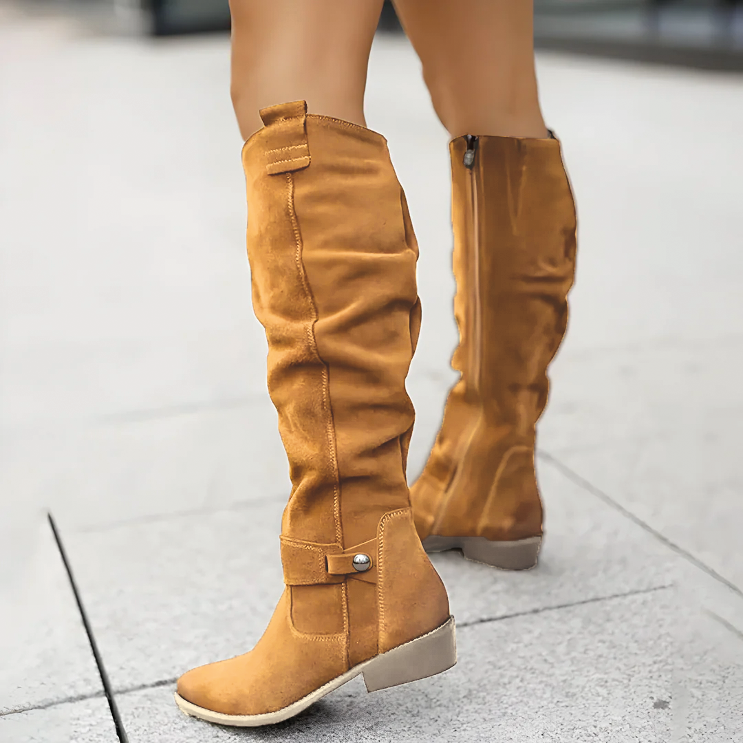 Florence | Suede Slouch Ankle Strap Block Heel Knee High Boots