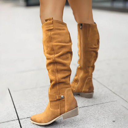 Florence | Suede Slouch Ankle Strap Block Heel Knee High Boots