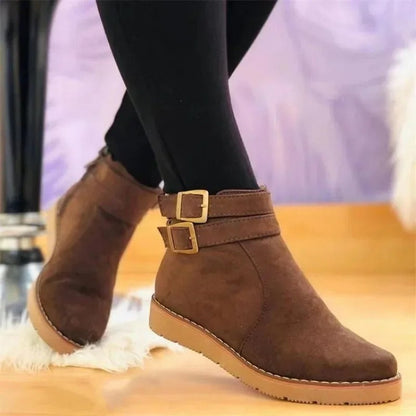 Kim | Suede Double Buckle Flat Ankle Boots