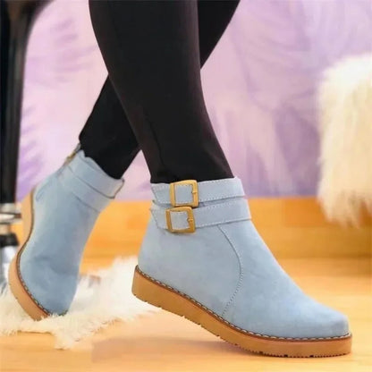 Kim | Suede Double Buckle Flat Ankle Boots
