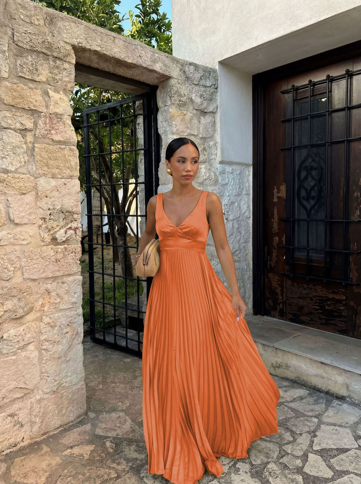 Amelia | Wedding Guest Pleated V-Neck Maxi Dress