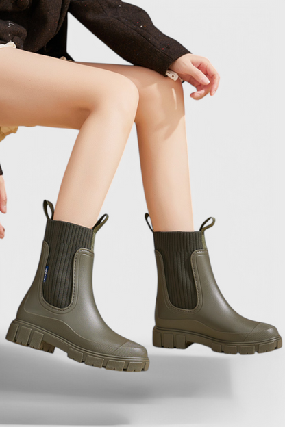 Maudie | Waterproof Chunky Chelsea Rain Boots with Knit Collar