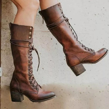 Calder | Lace-Up Leather Knee-High Block Heel Boots