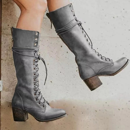 Calder | Lace-Up Leather Knee-High Block Heel Boots