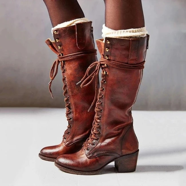 Calder | Lace-Up Leather Knee-High Block Heel Boots