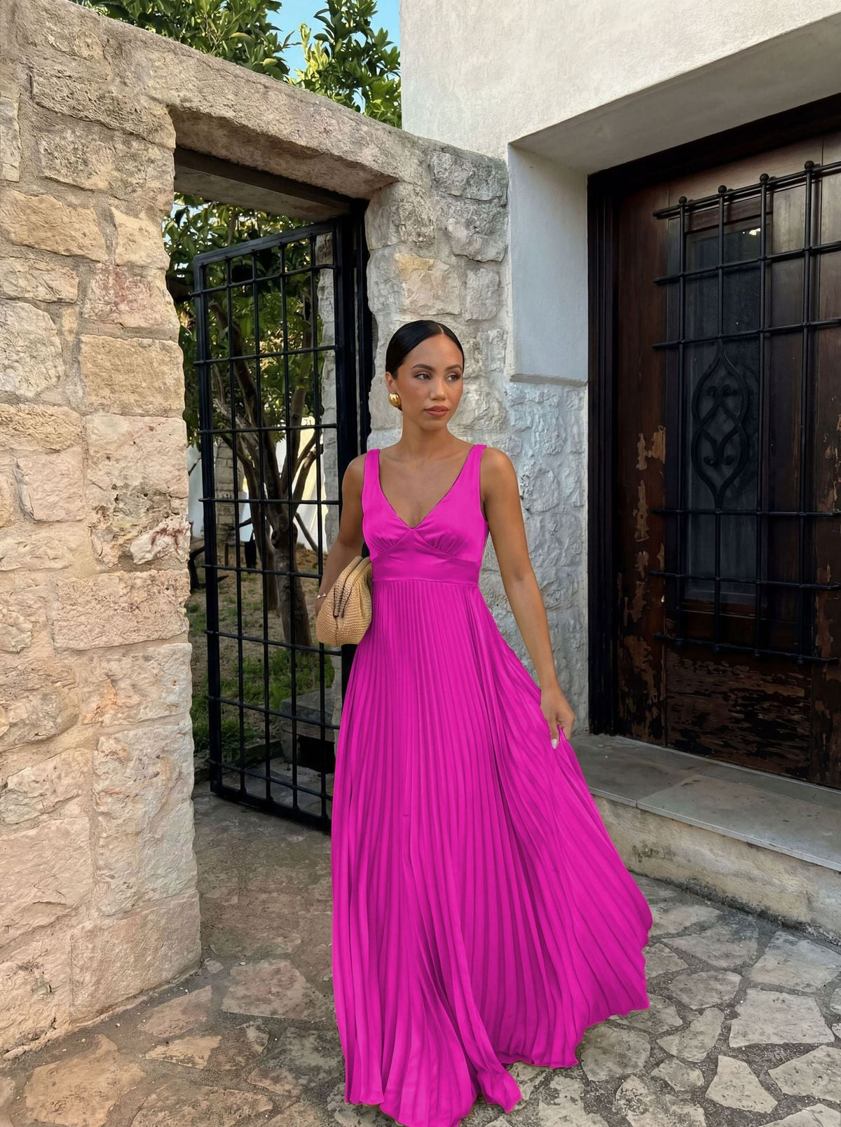 Amelia | Wedding Guest Pleated V-Neck Maxi Dress