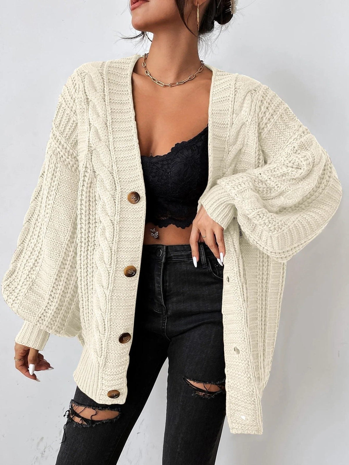 Noelene | Oversized Chunky Cable Knit Cardigan with Balloon Sleeves