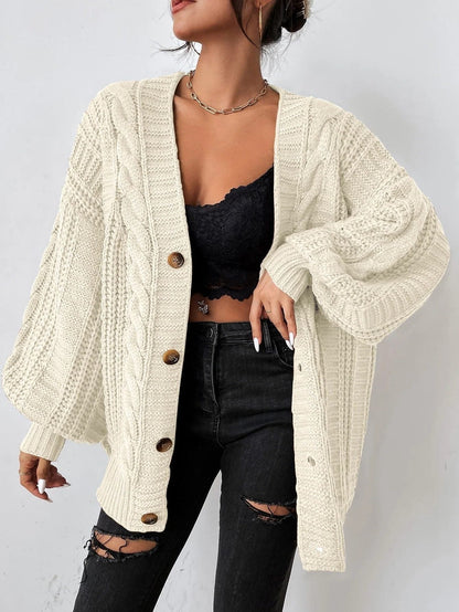 Noelene | Oversized Chunky Cable Knit Cardigan with Balloon Sleeves