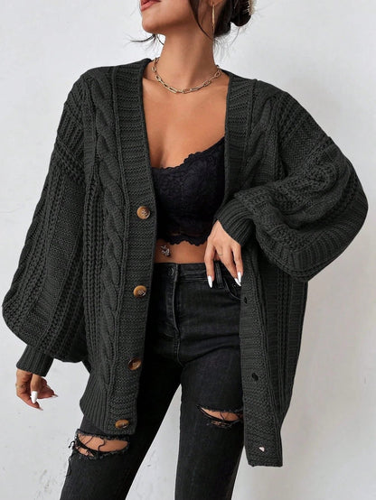 Noelene | Oversized Chunky Cable Knit Cardigan with Balloon Sleeves