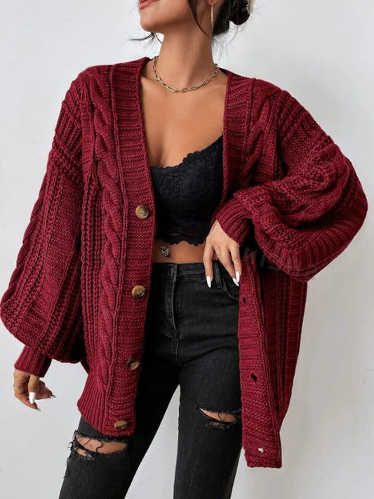 Noelene | Oversized Chunky Cable Knit Cardigan with Balloon Sleeves