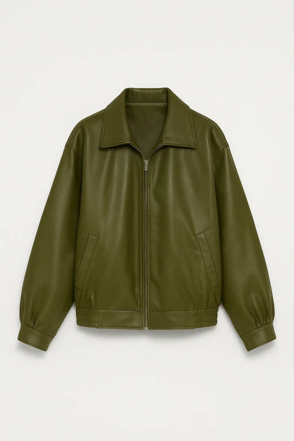 Leather Bomber Jacket for Women | Oversized Wide-Collar Zip