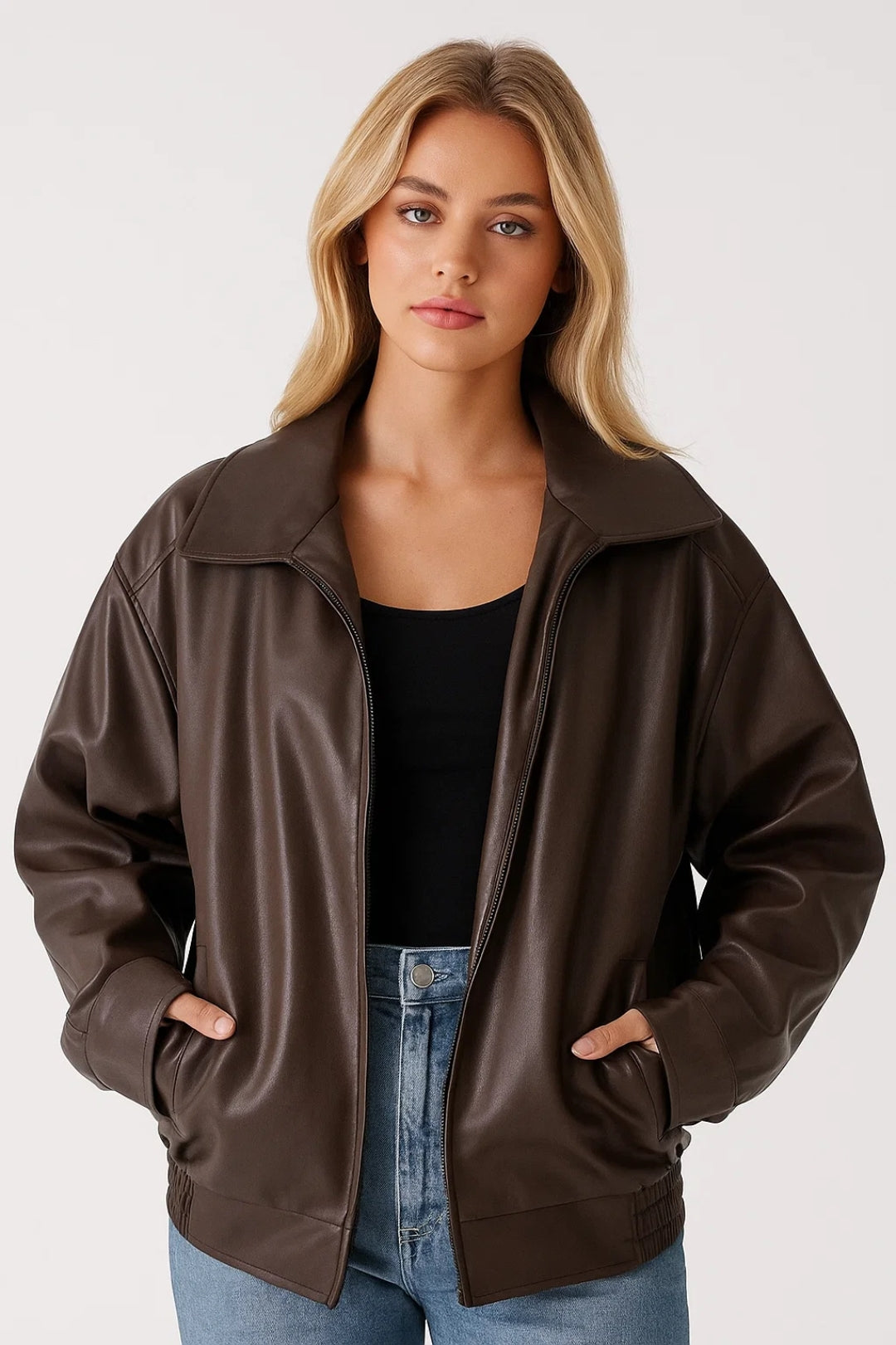 Leather Bomber Jacket for Women | Oversized Wide-Collar Zip