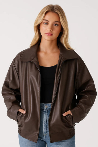 Leather Bomber Jacket for Women | Oversized Wide-Collar Zip