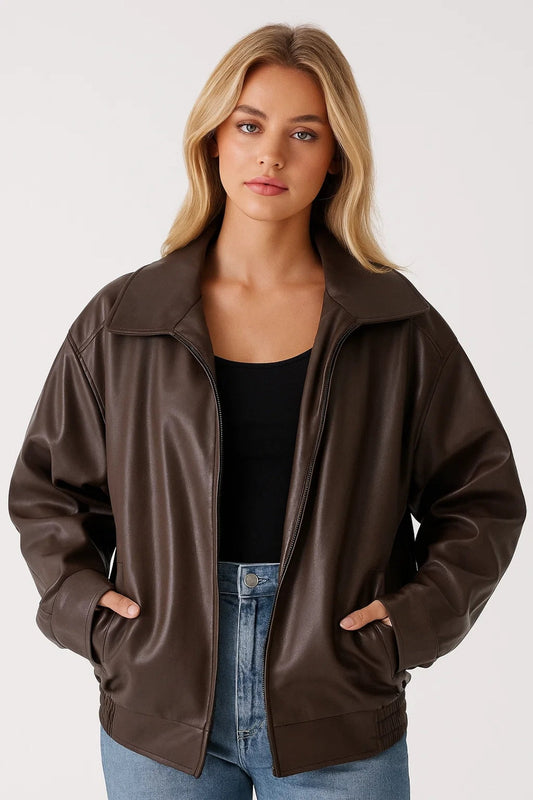 Leather Bomber Jacket for Women | Oversized Wide-Collar Zip
