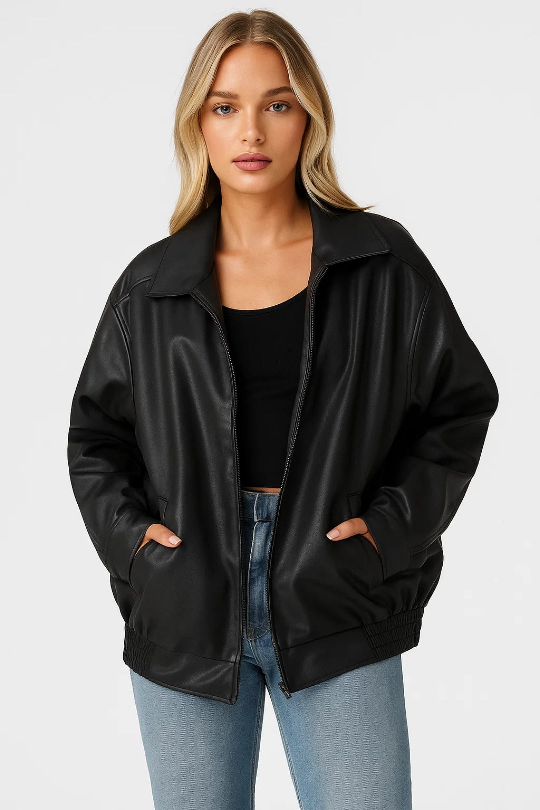 Leather Bomber Jacket for Women | Oversized Wide-Collar Zip