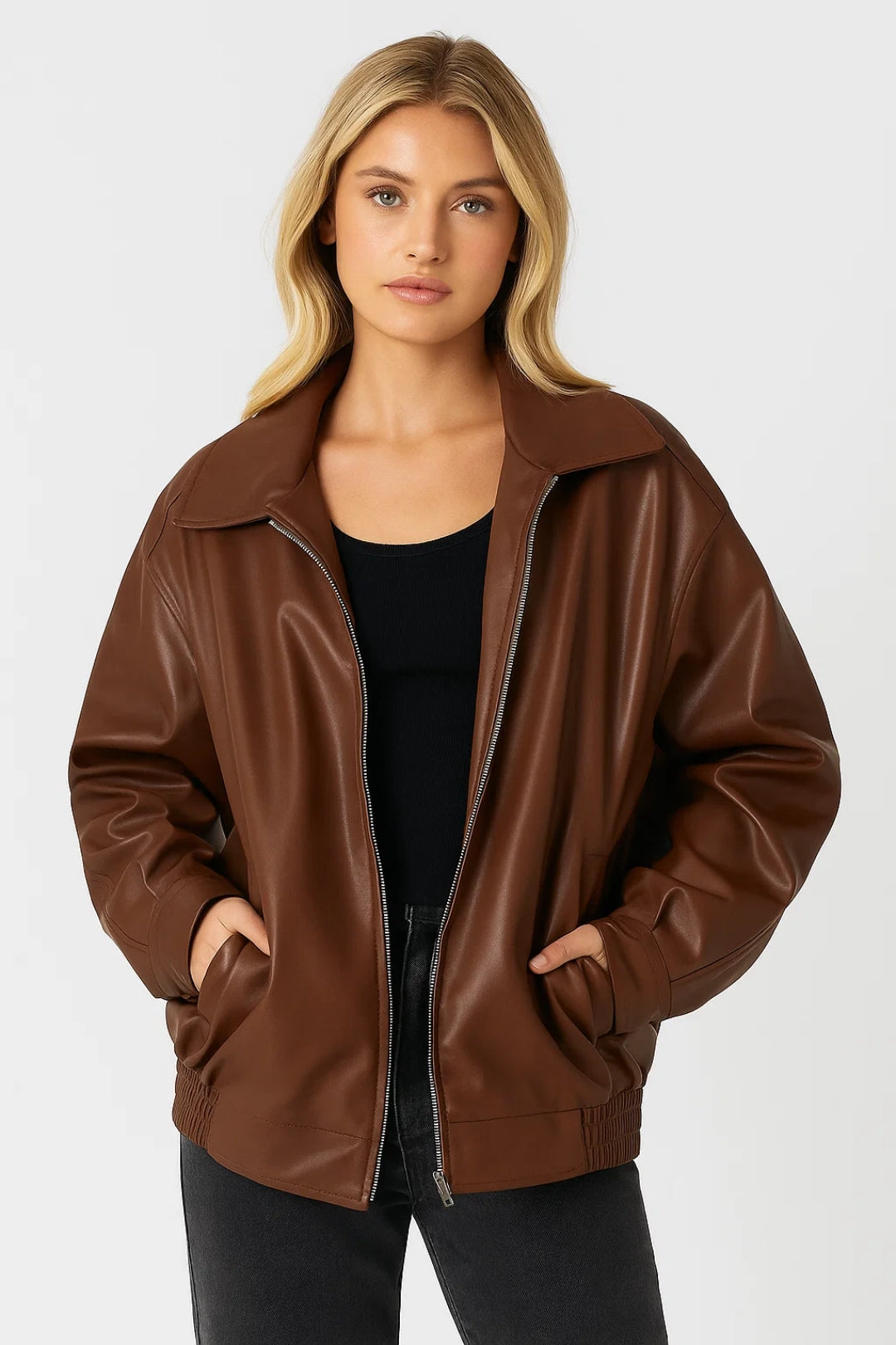 Leather Bomber Jacket for Women | Oversized Wide-Collar Zip