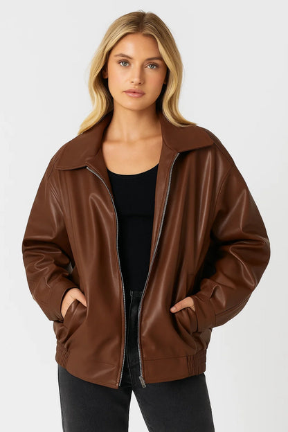 Leather Bomber Jacket for Women | Oversized Wide-Collar Zip