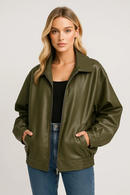Leather Bomber Jacket for Women | Oversized Wide-Collar Zip