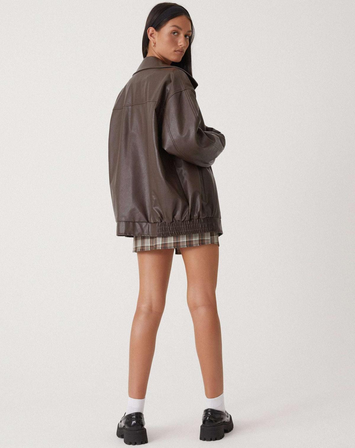 Faux Leather Bomber Jacket for Women | Oversized Zip-Front Elasticated Hem