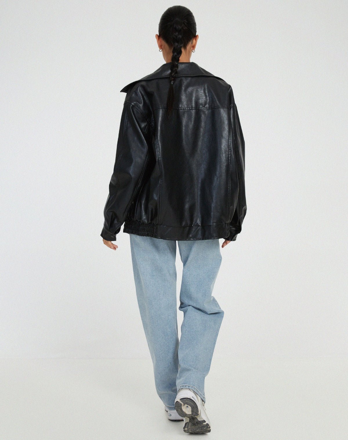 Faux Leather Bomber Jacket for Women | Oversized Zip-Front Elasticated Hem