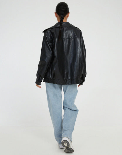 Faux Leather Bomber Jacket for Women | Oversized Zip-Front Elasticated Hem