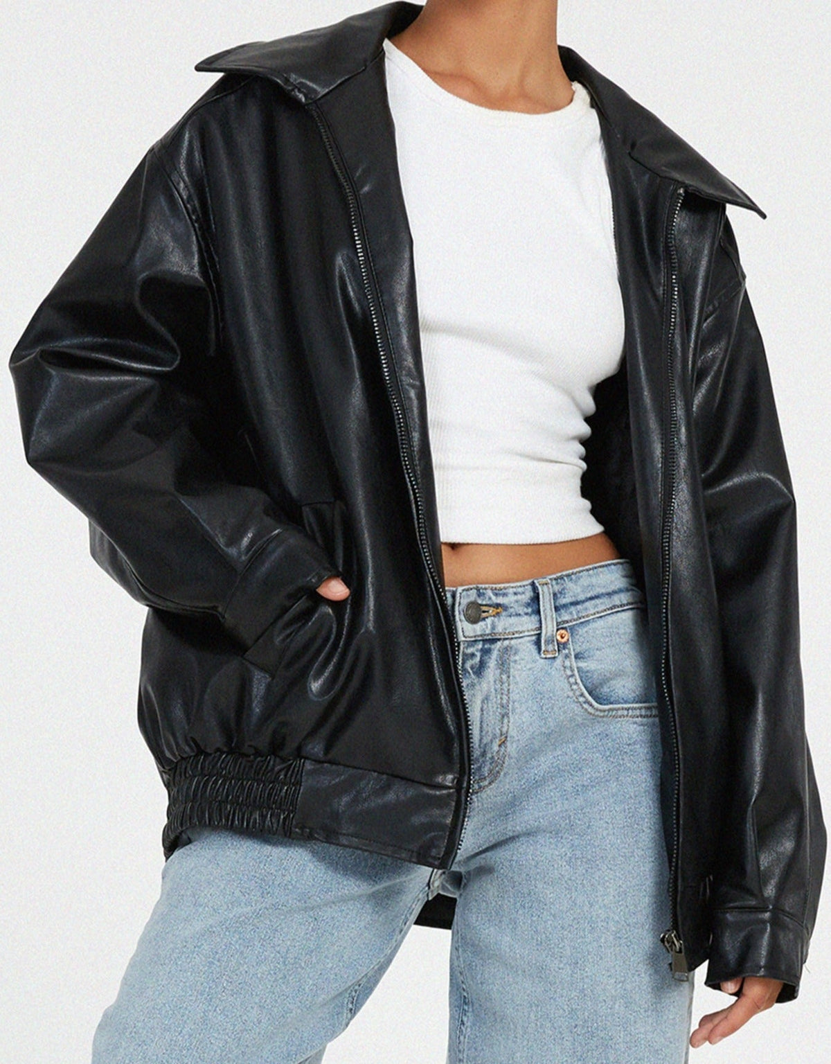 Faux Leather Bomber Jacket for Women | Oversized Zip-Front Elasticated Hem