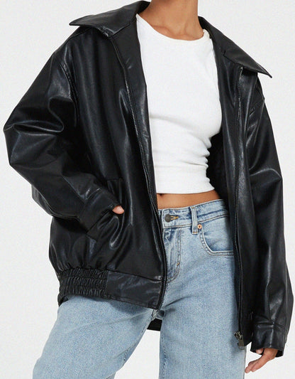 Faux Leather Bomber Jacket for Women | Oversized Zip-Front Elasticated Hem