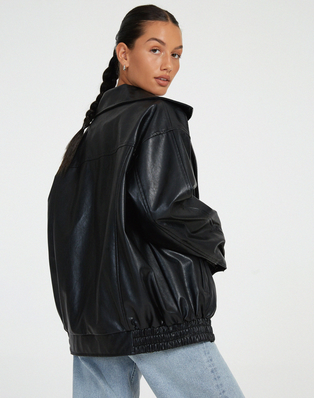 Faux Leather Bomber Jacket for Women | Oversized Zip-Front Elasticated Hem