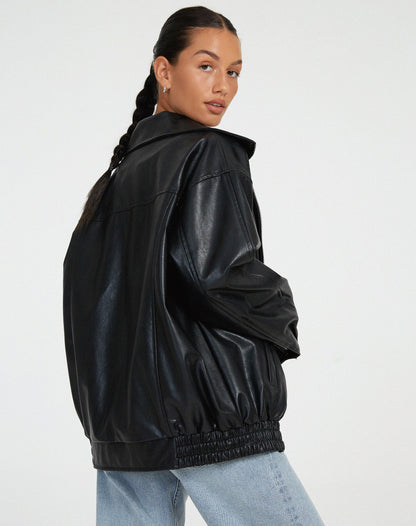 Faux Leather Bomber Jacket for Women | Oversized Zip-Front Elasticated Hem