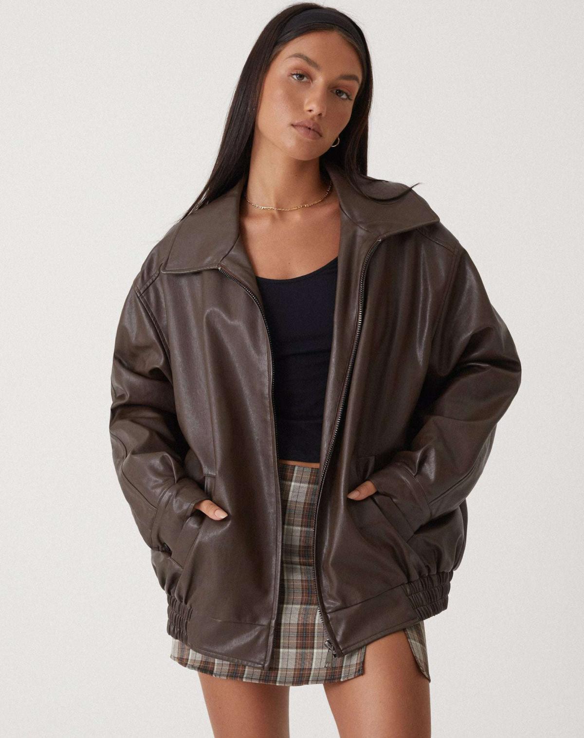 Faux Leather Bomber Jacket for Women | Oversized Zip-Front Elasticated Hem