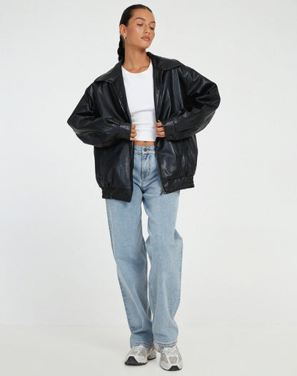 Faux Leather Bomber Jacket for Women | Oversized Zip-Front Elasticated Hem