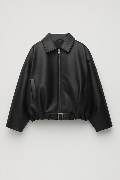 Leather Jacket for Women | Oversized Belted Zip-Front