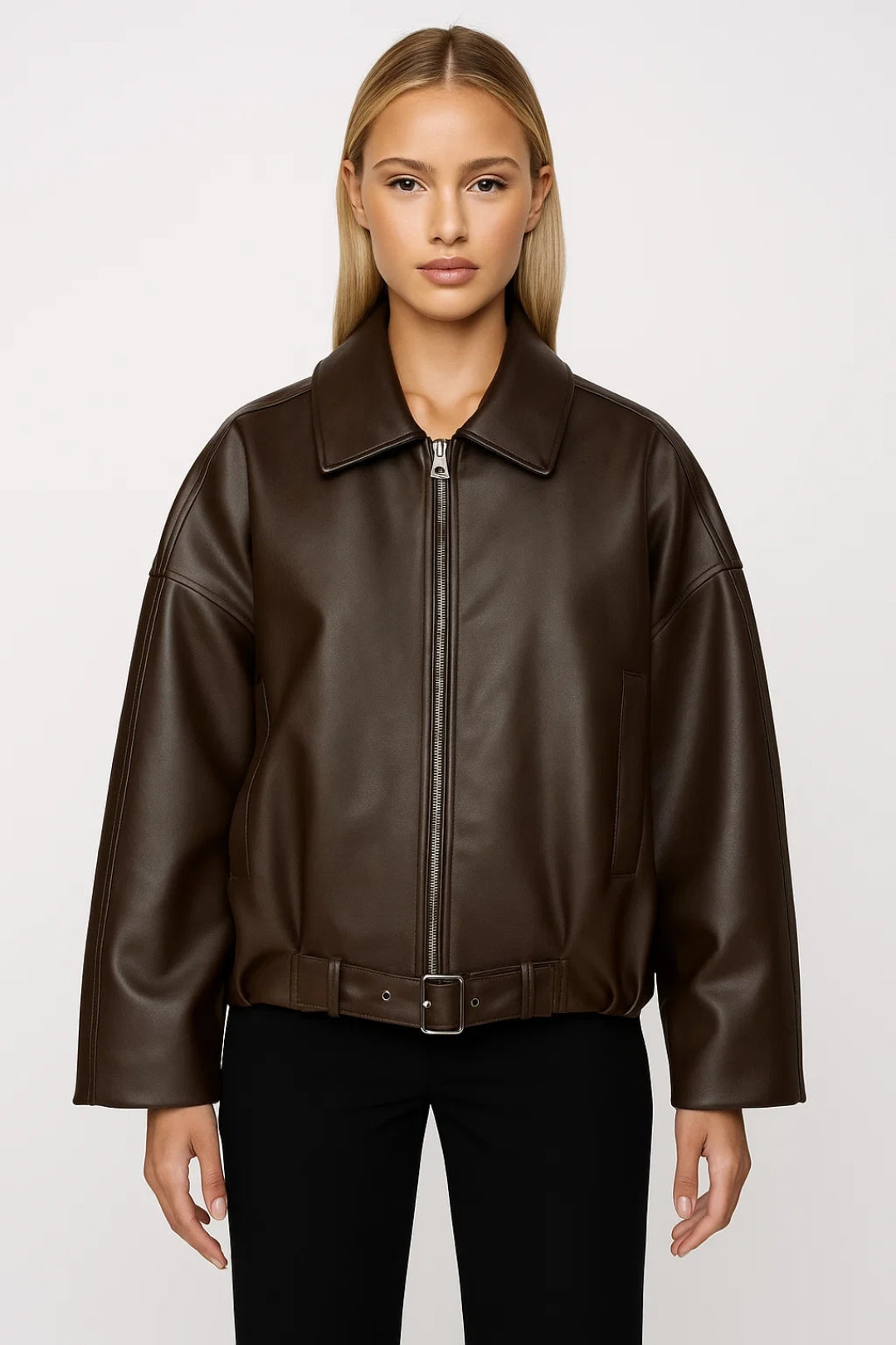 Leather Jacket for Women | Oversized Belted Zip-Front